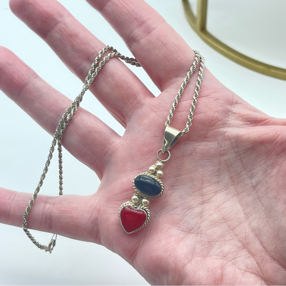 Sterling Silver Heart Pendant Necklace Red & Black Inlay Stone Rope Twist Chain